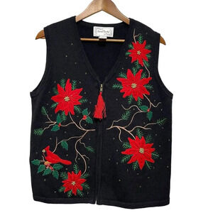 Sarah Bentley Christmas Poinsettia Sweater Vest Size M Full Zip